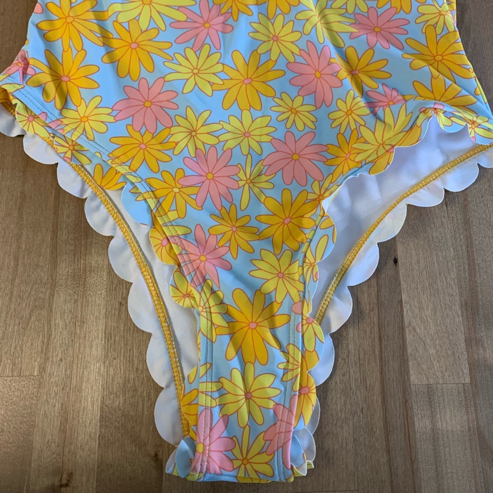 Multicolor Blue Yellow Retro Floral Scallop Hem One Piece Lined Swimsuit New - Picture 8 of 13